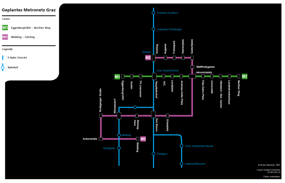 Strecke der Projekt U-Bahn Graz