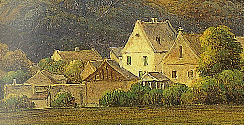 Theodor Festorazzo, Kaisersteinbruch, Detail mit dem römischen Tempel 1842